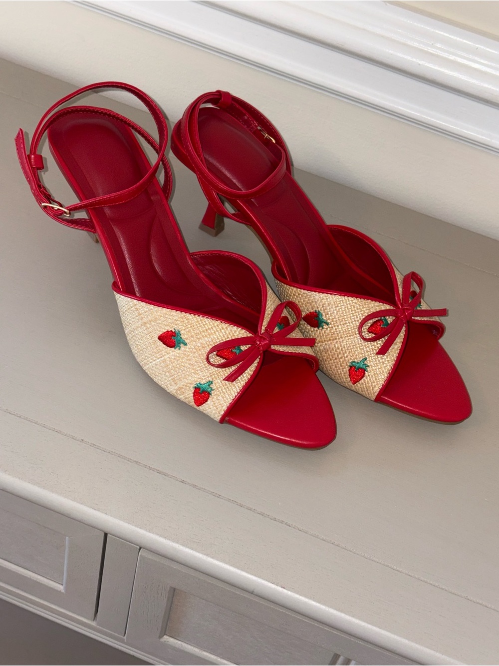 Wild Diva Red Straw Accent Ankle-Strap Heels with Strawberry Embroidery